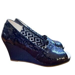 TOMS Black Sequin Espadrille Wedges Size 8